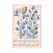 Linocut flowers blush calendar 2024 Wall hanging + Tea Towel