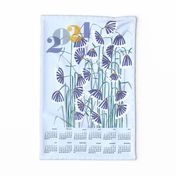 Linocut flowers light blue calendar 2024 Wall hanging + Tea Towel