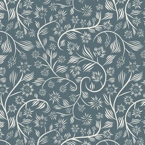 small scale // flowery - creamy white_ marble blue teal - calligraphy floral // 6 inch repeat