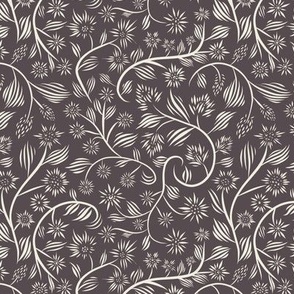 small scale // flowery - creamy white_ purple brown - calligraphy floral // 6 inch repeat