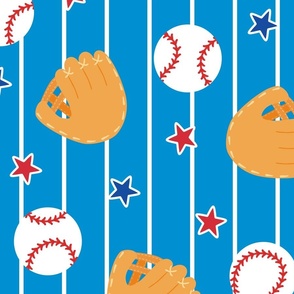 XL Baseball and Glove Pinstripe Blue, Red White and Blue Bedding Curtains