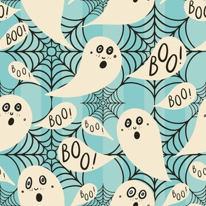 Whimsigothic-ghosts-with-boo-speech-bubbles-on-blue-vertial-stripes-with-cobwebs-L-large