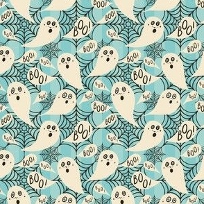 Whimsigothic-ghosts-with-boo-speech-bubbles-on-blue-vertial-stripes-with-cobwebs-XS