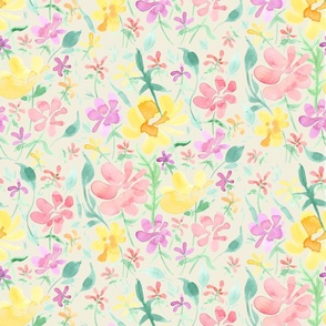 Springtime floral meadow (on beige, jumbo scale) - a hand-painted watercolour spring / summer floral print