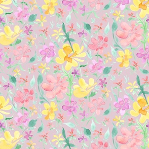 Sprintime floral meadow (on dusky pink, jumbo scale) - a hand-painted watercolour spring / summer floral print