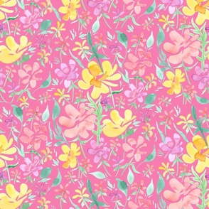 Springtime floral meadow (on hot pink, jumbo scale) - a hand-painted watercolour spring / summer floral print