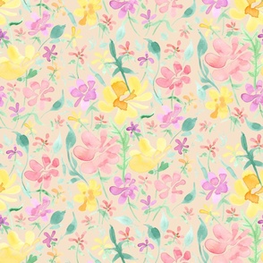Springtime floral meadow (on light coral, jumbo scale) - a hand-painted watercolour spring / summer floral print