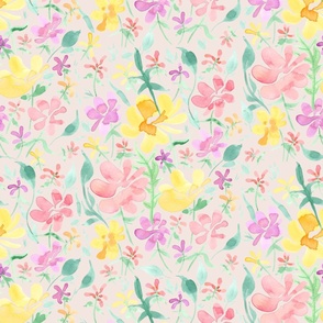 Springtime floral meadow (on  light pink, jumbo scale) - a hand-painted watercolour spring / summer floral print