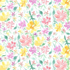 Springtime floral meadow (on white, jumbo scale) - a hand-painted watercolour spring / summer floral print
