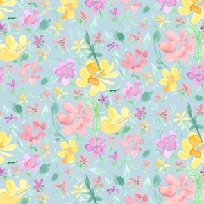 Springtime floral meadow (on blue, jumbo scale) - a hand-painted watercolour spring / summer floral print