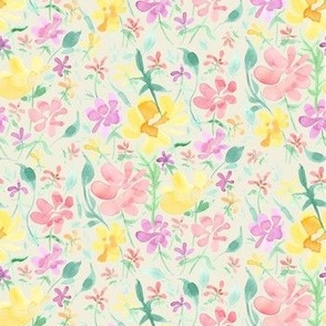 Springtime floral meadow (on beige, medium scale) - a hand-painted watercolour spring / summer floral print