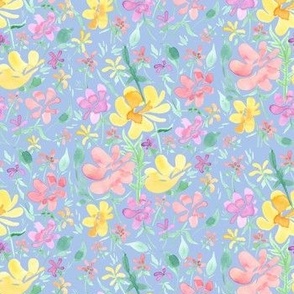 Springtime floral meadow (on dusky blue, medium scale) - a hand-painted watercolour spring / summer floral print