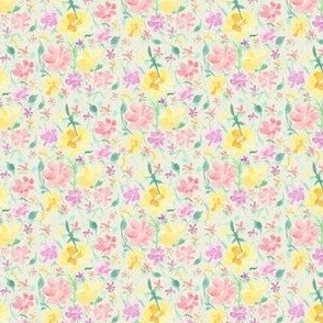 Springtime floral meadow (on beige, miniature scale) - a hand-painted watercolour spring / summer floral print