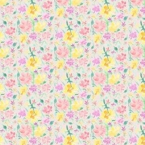 springtime floral meadow (on light pink, miniature scale) - a hand-painted watercolour spring / summer floral print