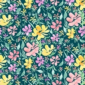 Springtime floral meadow (on dark teal, medium scale) - a hand-painted watercolour spring / summer floral print