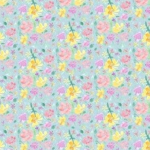 Springtime floral meadow (on blue, miniature scale) - a hand-painted watercolour spring / summer floral print