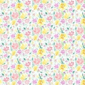 Springtime floral meadow (on white, miniature scale) - a hand-painted watercolour spring / summer floral print