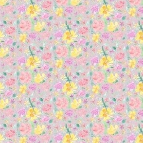 Springtime floral meadow (on dusky pink, miniature scale) - a hand-painted watercolour spring / summer floral print