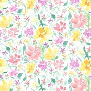  Springtime Floral Meadow (on white, medium scale) - a hand-painted watercolour spring / summer floral print