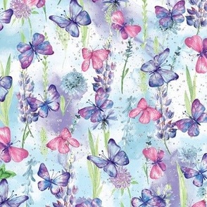 Pink and Purple Butterflies on Blue