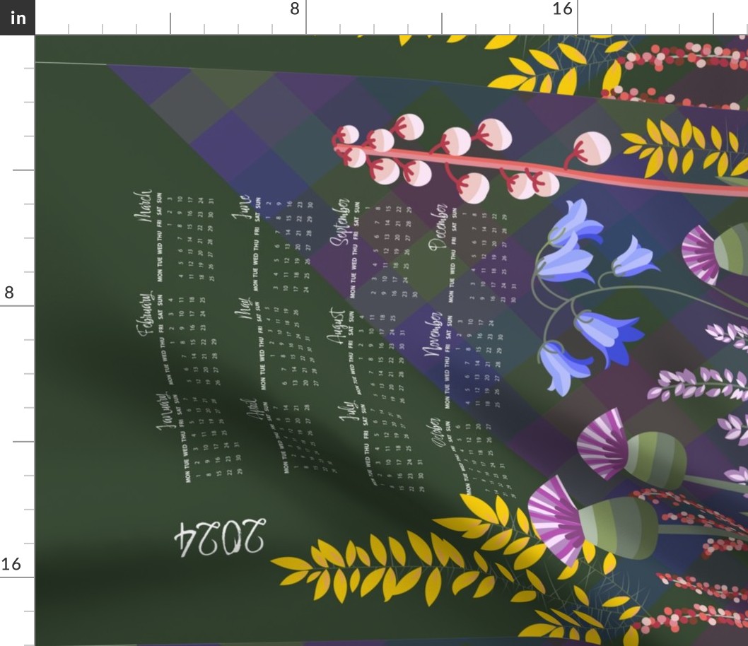 Stylised Scottish Wildflowers - A Thistle & Tartan Calendar for 2024 - Tea Towel or Wallhanging