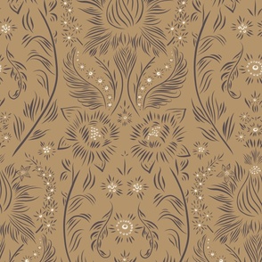 large scale // floral wallpaper - creamy white_ lion gold_ purple brown - elegant flowers