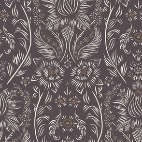 large scale // floral wallpaper - creamy white_ lion gold_ purple brown 02 - elegant flowers
