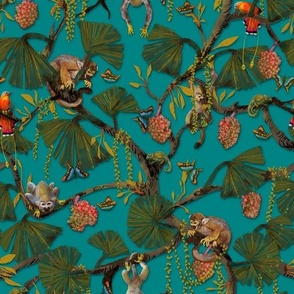 Lush Jungle, Tropical Fruit, Birds, Chameleons and Monkeys on Turquoise 18in