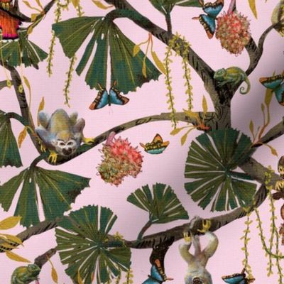 Lush Jungle, Tropical Fruit, Birds, Chameleons and Monkeys on Light Pink Background