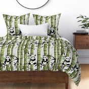 Bamboo-Panda-standard-pillow-26x20-greens-greengold-grey-black-and-white-on-pearl-rice-paper