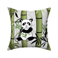 Bamboo-Panda-standard-pillow-26x20-greens-greengold-grey-black-and-white-on-pearl-rice-paper