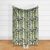 Bamboo-Panda-standard-pillow-26x20-greens-greengold-grey-black-and-white-on-pearl-rice-paper