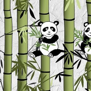 Bamboo-Panda-standard-pillow-26x20-greens-greengold-grey-black-and-white-on-pearl-rice-paper