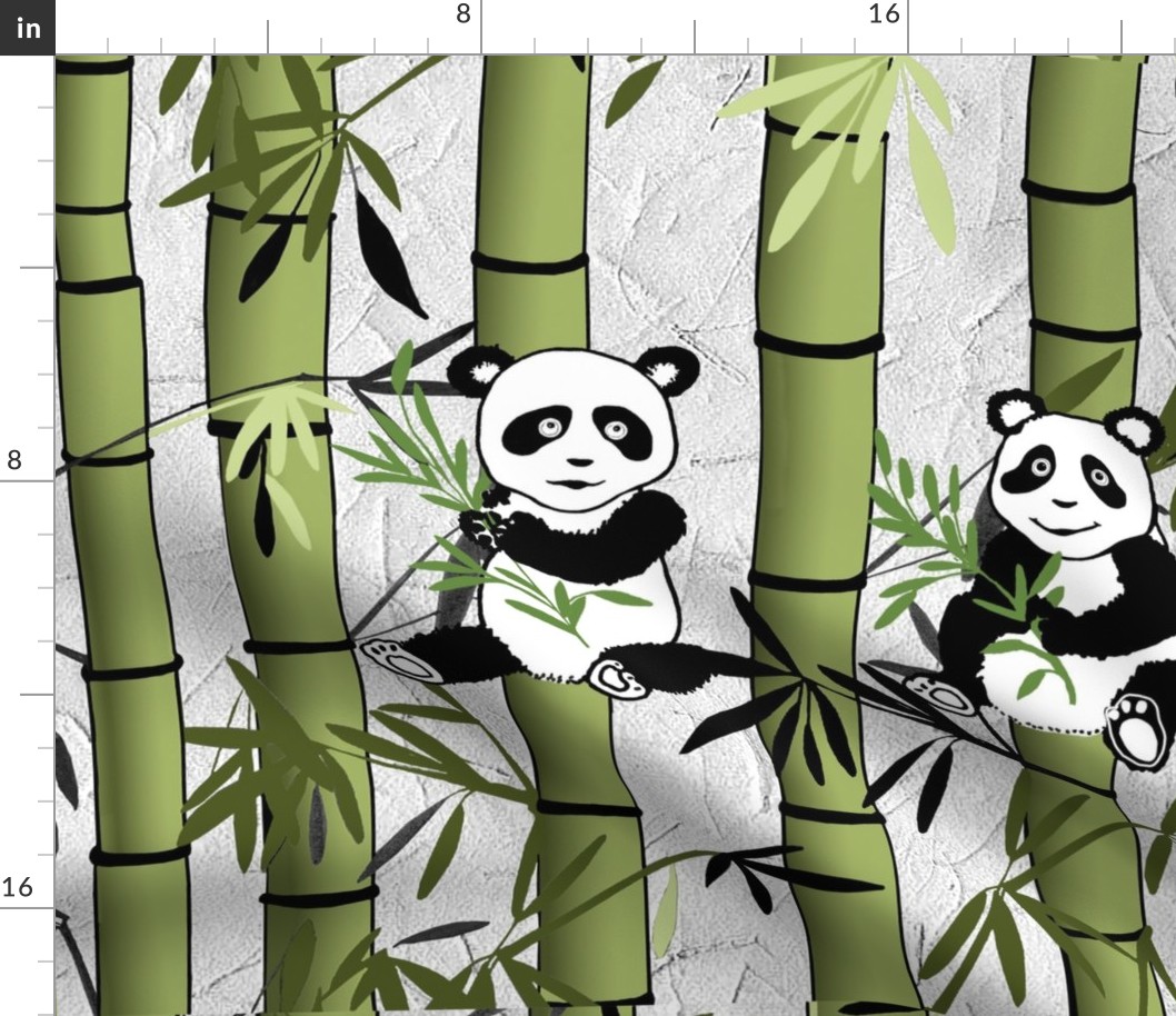 Bamboo-Panda-standard-pillow-26x20-greens-greengold-grey-black-and-white-on-pearl-rice-paper