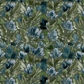 Small - Midnight Blue Watercolour Tulip Vines - Dark Green