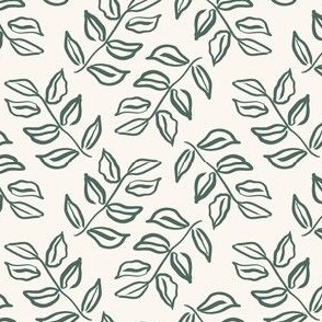 Vintage Modern Ink Leaves in Teal Green with Cream Background