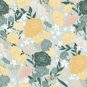 Vintage Modern Floral in Teal Green Yellow and Pink
