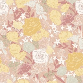 Vintage Modern Floral in Mustard. Yellow and Rose Pink