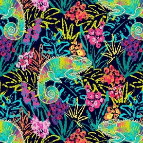 Colourful chameleon navy background Large scale 