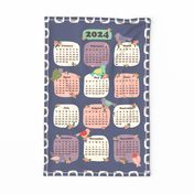 Cute Chickadee Sparrow Birds and Winter Red Berries 2024 Calendar Tea Towel and Wall Hanging on Nightshade Purple with Cream Boarder