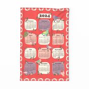 2024 Cute Chickadee Sparrow Birds and Winter Red Berries Tea Towel Calendar and Wall Hanging in Coral Red with Cream Boarder