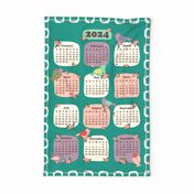 2024 Cute Chickadee Sparrow Birds and Winter Red Berries Tea Towel Calendar and Wall Hanging in Dynasty Green with Cream Boarder