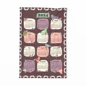 2024 Cute Chickadee Sparrow Birds and Winter Red Berries Tea Towel Calendar and Wall Hanging in Port Red Brown with Cream Boarder