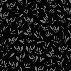 Dainty Jungle Epiphyte Plants Blender Pattern  Light Gray Leaves on Black BIG 18in