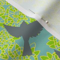 Sparrow shadows on floral doodly background