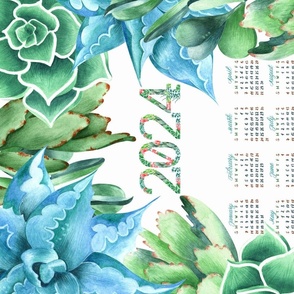 Green and Turquoise Tea Towel 2024 Calendar with succulents