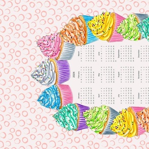 Pink Watercolor Cupcakes 2024 Calendar Tea Towel