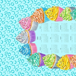 Watercolor Rainbow Cupcakes Calendar for 2024 with Aqua