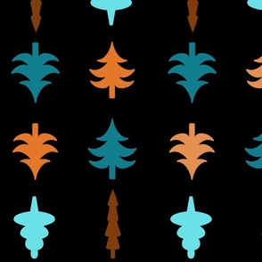 Teal, blue, brown and coral trees on black.