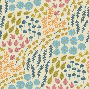 Vintage Ditsy Meadow // large // flowers, plants, retro colors, green, blue, pink